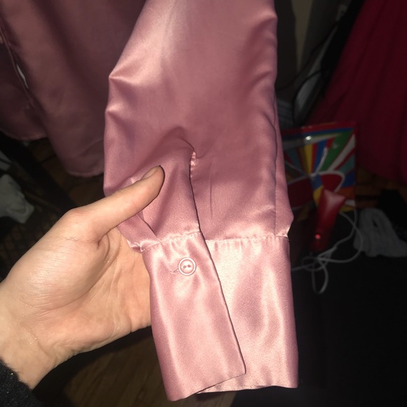 Pink silk shiny button down top - Picture 3 of 4